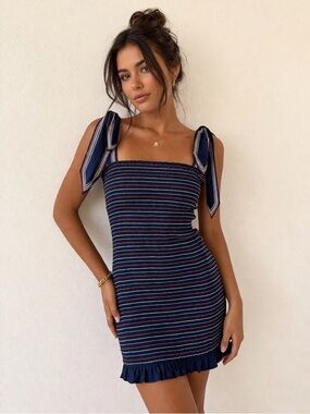 Storia Navy Multistripe Knit Tie-Shoulder Mini